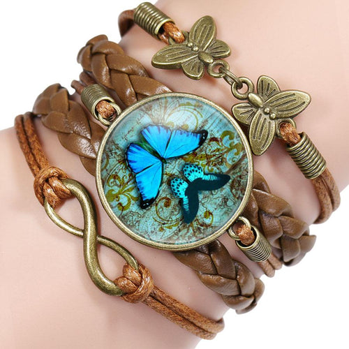 Vintage Blue Butterfly Multilayer Glass Leather Bracelet