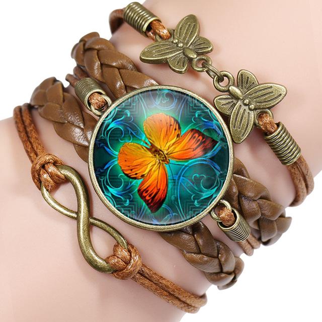 Vintage Blue Butterfly Multilayer Glass Leather Bracelet